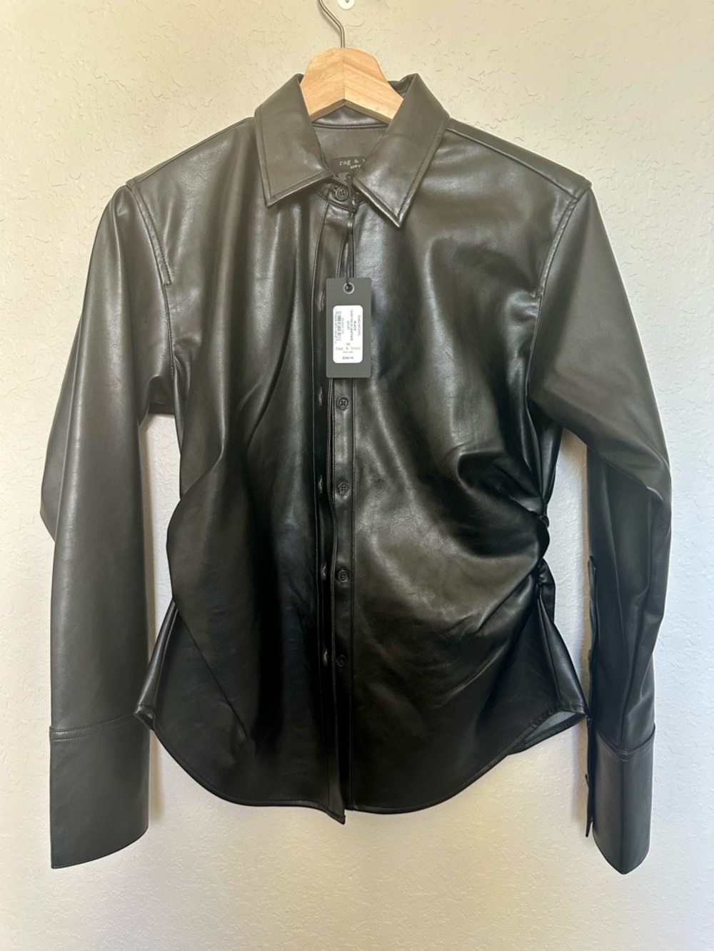 rag & bone Leah XS Black Faux Leather Shirt with Button Front